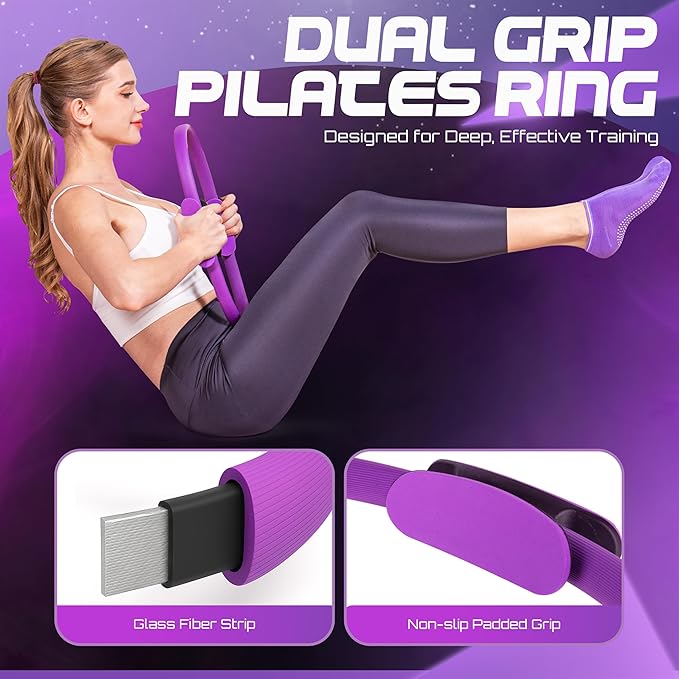 Pilates Ring and Ball Set for Home Workout – Pilates Kit for Full Body Toning & Flexibility with 15” Pilates Ring, Pilates Ball, Non-Slip Socks, Stretching Strap, 5X Resistance Bands & Tote Bag