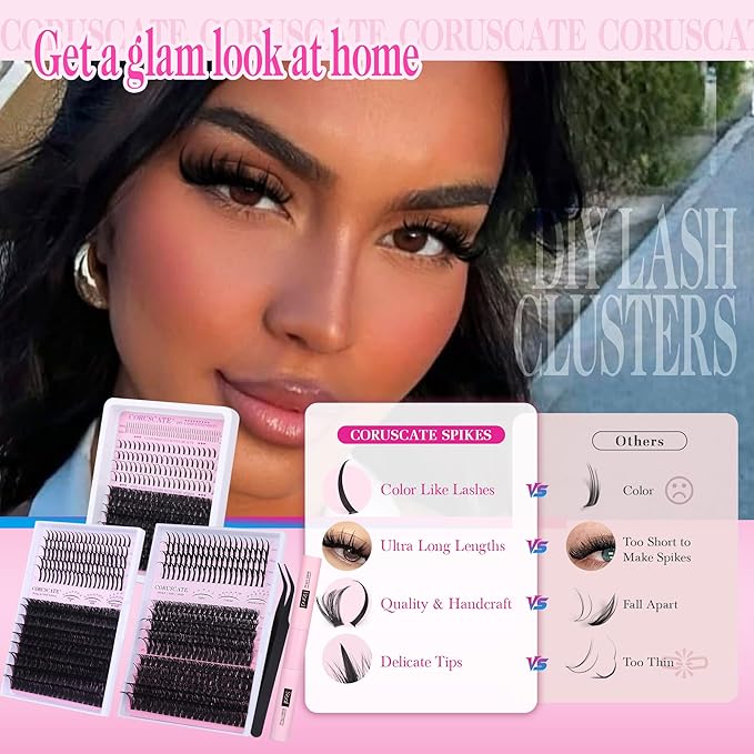 CORUSCATE Lash Clusters Kit 60D80D with Lash Spikes Eyelash Clusters Volume Cluster Eyelash Extensions Kit 10-21mm DIY Spiky Individual Lashes Extension Kit Mega Eyelashes Mink Strip Cluster Lashes
