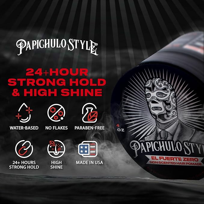 Papichulo Style Deluxe Pomade “El Fuerte Zero” – Strong Hold, High Shine, Adds Volume – Unscented, Water-Based, Flake-Free, Easy Washout, Paraben-Free – Made in USA - 4 oz