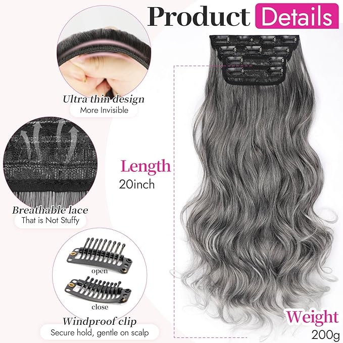 Kookastyle Clip in Hair Extensions, Natural Long Layered Soft Invisible Synthetic Curly Hairpieces for Women,4 pcs(20 Inch，Grey/Sliver Mixed)