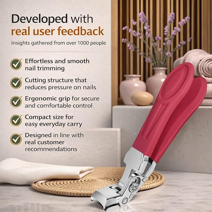 Professional Ruby Red Angled Nail Clippers for Seniors – 5'' Elegant Thick Toenail Clipper with Nail File, Ultra-Sharp Blades, Nail Catcher, Easy Grip & Safe Home Manicure & Pedicure Care Tool