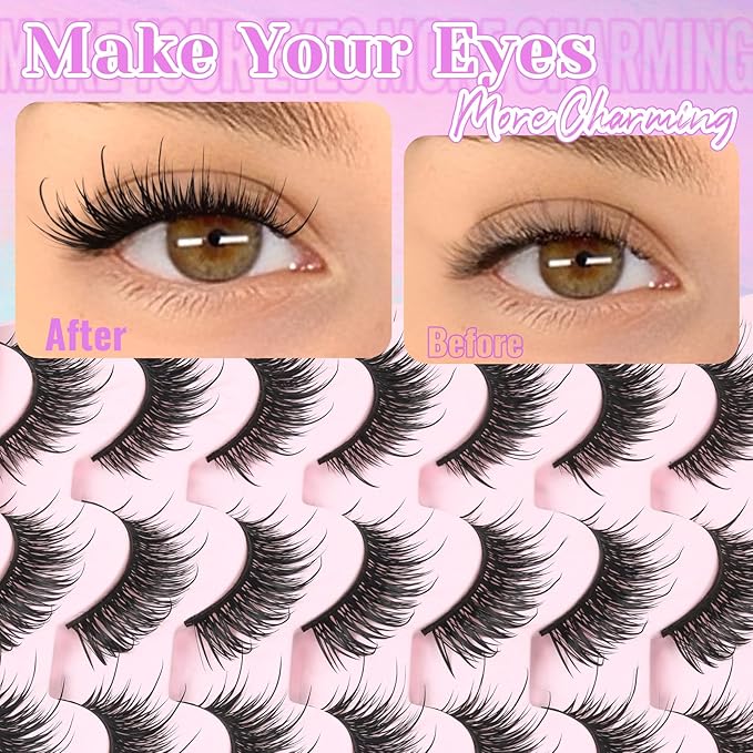 Losha Lashes Wispy False Eyelashes 14 Pairs Spiky Manga Lashes Natural Anime Fake Eyelashes Soft Asian Lashes Strips (Vivid)