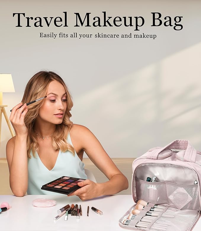 BUZFOWU Travel Toiletry Bag for Women, Large Wide-open Puffy Cosmetic Makeup Bag with Wet-Dry Separation, Multi-Pocket Organizer with Carry Handle for Toiletries, Cosmetics, Essentials, Light Pink