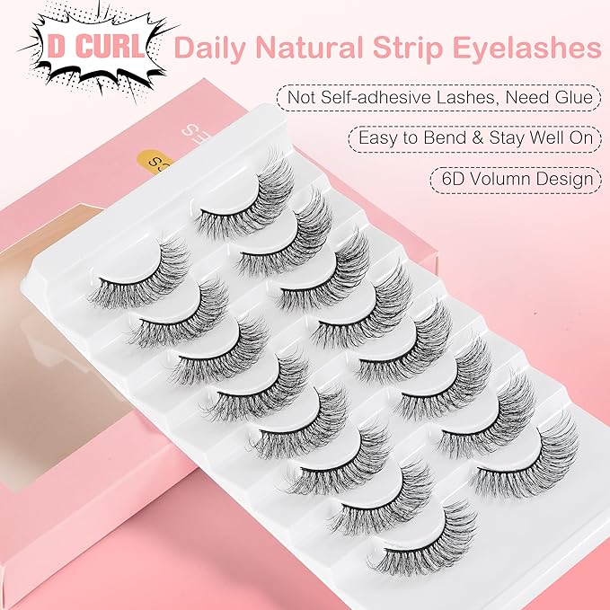 Natural Lashes Spiky False Eyelashes, Wispy Look Invisible Band Flared Eyelashes, False Eye Lashes Soft Fluffy Lashes 8 Pairs Black 9-15MM
