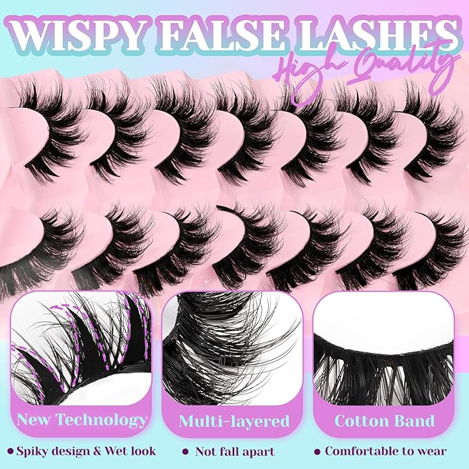 Losha Lashes Wispy False Eyelashes Fluffy Cat Eye Lashes 7 Pairs C Curl Lashes Strips Wet Look 10-17mm Fake Eyelashes with Lash Spikes (FC01)