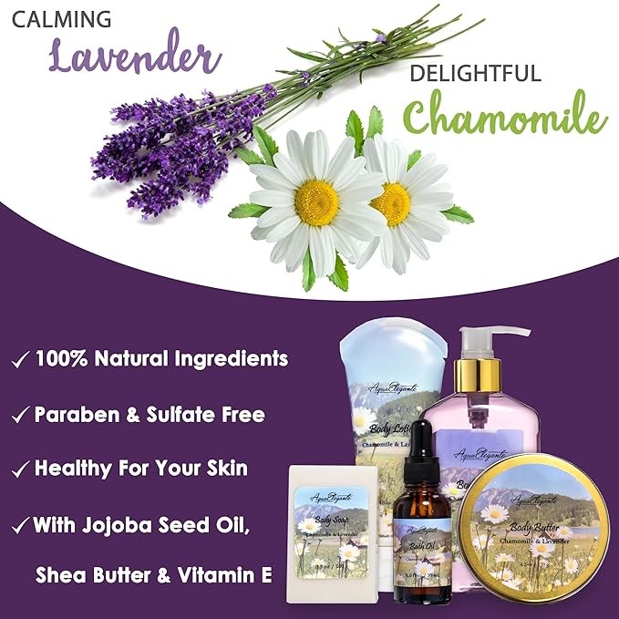 Spa Gift Baskets For Women - Luxury Bath Set With Lavender & Chamomile - Spa Kit Includes Body Wash, Bubble Bath, Lotion, Body Butter, Soap, Body Spray, Shower Puff, and Towel
