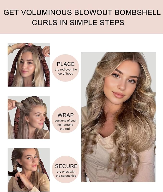 Heatless Curls Overnight Hair Curler to Sleep In Soft Jumbo Hair Rollers for Long Hair Blowout Look No Heat Overnight Curls, Satin Large Flexi Rods for Big Curl Heatless Curling Rod Set with Clip