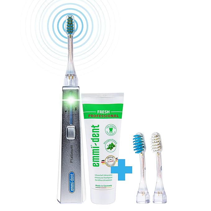 Emmi-dent Ultrasound Platinum Nature Fresh - Bundle. Touchless, Gentle Cleaning for Sensitive Teeth & Gums. Cleans with 100% Ultrasound Technology. No Abrasion, No Brushing, No Damage. Rechargeable.