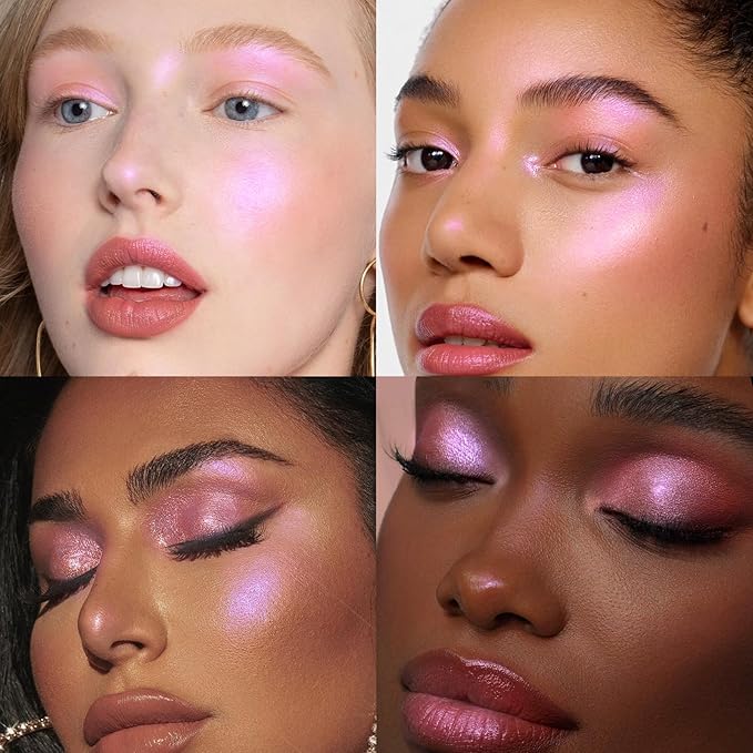 Holographic Chameleon Pink Purple Eyeshadow&Highlighter Palette Makeup, Color Shift Glitter Iridescent Cream Highlighter, Smooth Long Lasting Sparkling Facial Illuminator Palette Fairy Makeup