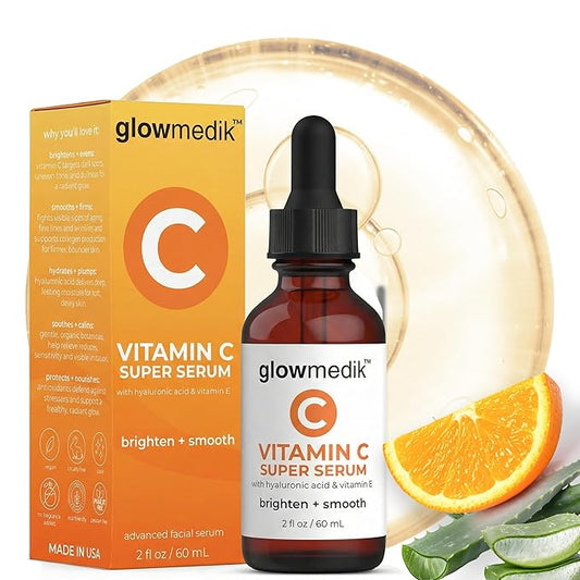 GlowMedik Vitamin C Serum for Face – Anti Aging Brightening Formula with Hyaluronic Acid, Vitamin E – Gentle for Sensitive Skin – Improves Dark Spots, Fine Lines & Wrinkles, Made in USA 60ml 2 fl oz