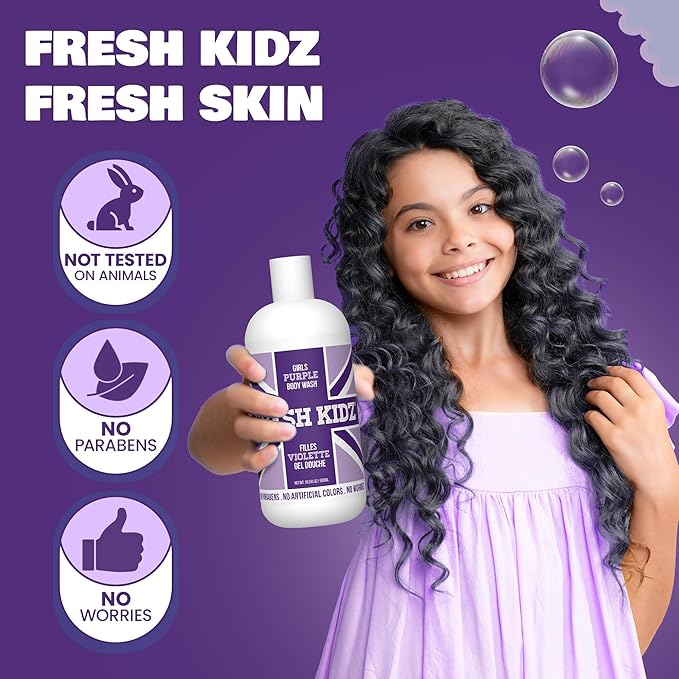 Fresh Kidz Body Wash for Kids and Teens - Gentle Bath and Shower Cleanser for All Skin Types - Girls Purple, 16.9 Fl. oz.