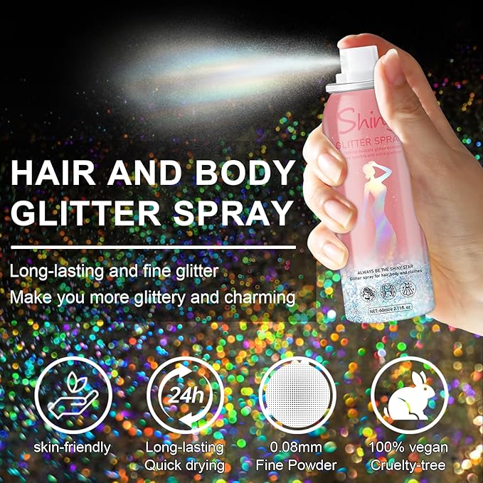 Holographic Body Glitter Spray - Silvery Shiny Shimmer for Hair, Face & Clothes | Quick-Drying, Long-Lasting Glitter Hairspray Temporary Shiny Mist for Festival, Rave, Music Concert, Prom Accessories