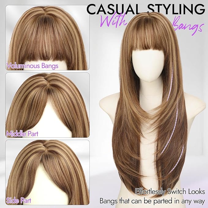 Long Light Brown mix Blonde Highlights Wig with Bangs for Women,4x4 Realistic Scalp,Free Parting,Layered Hairstyle Synthetic Heat Resistant for Daily Party Use 26 inch