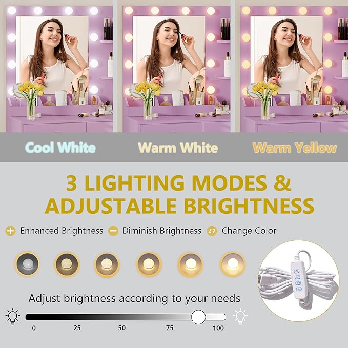 Vanity Desk with Mirror and Lights, Makeup Vanity Table Set with 5 Storage Drawers, Power Outlet & Chair, Small Dressing Table with RGB Ambient Light, Adjustable Brightness for Girls Bedroom, Purple