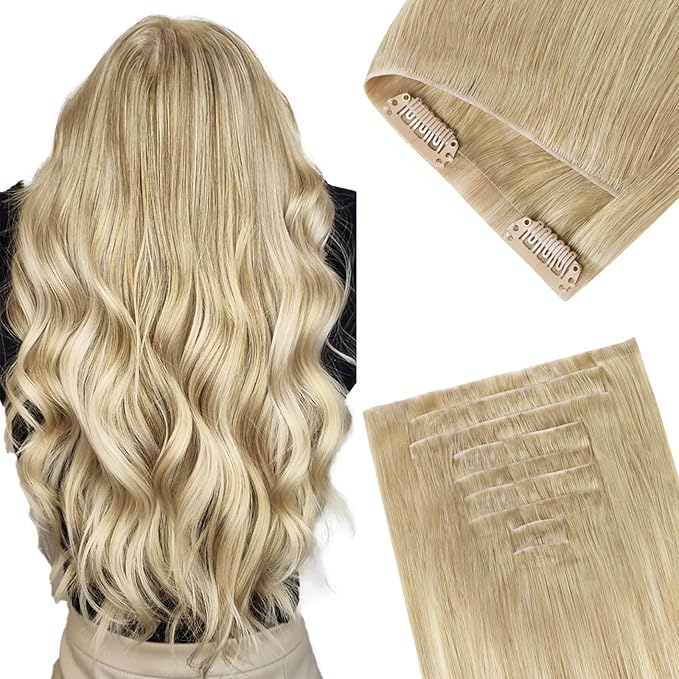 GOO GOO Invisi Edge Clip in Hair Extensions, 22inch 150g 7Pcs, Injected Seamless PU Clip in Hair Extensions, Virgin Real Human Hair, #18ET90A Natural Blonde Balayage