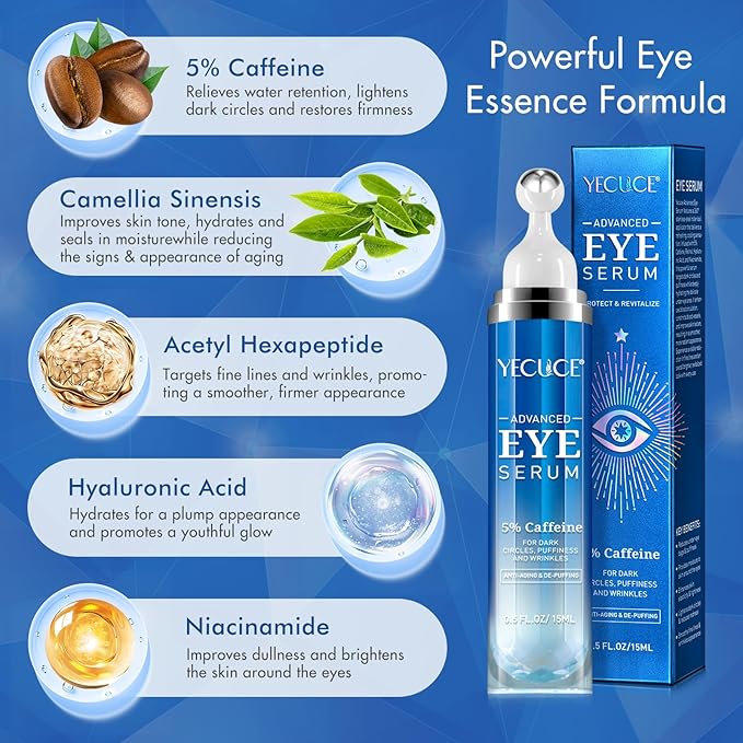 5% Caffeine Eye Serum for Dark Circles & Puffiness, Under Eye Serum with Retinol, Hyaluronic Acid & Niacinamide, Cooling 360° Roller Eye Treatment for Fine Lines, 0.5 fl oz