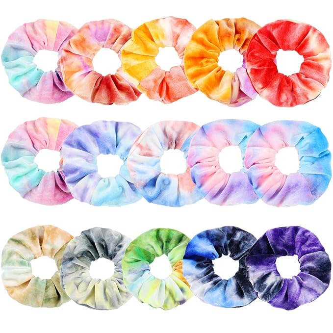 ZOCONE Tie Dye Scrunchies, 15 PCS Velvet Scrunchies for Hair in Gradient Color, Soft Rainbow Scrunchy Ponytail Holder, Hair Accessories Elastic Hair Bands for Women Girls, Tie Dye Party Favors