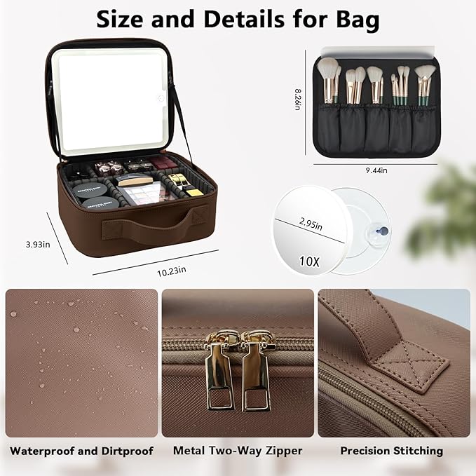 SLUMAZI Travel Makeup Bag with LED Mirror and 10x magnifying glass with 3 Lighted Settings, Adjustable Dividers and Makeup Brush Storage Bag Mocha