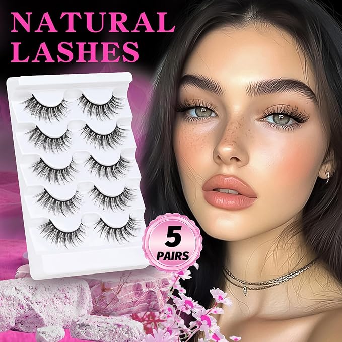 Veleasha Lashes Wispy False Eyelashes 100% Handmade Eyelashes Natural Look Fake Lashes Lightweight Lashes with Soft Cotton Band 5 Pairs Pack (G2-Black Cotton Band)