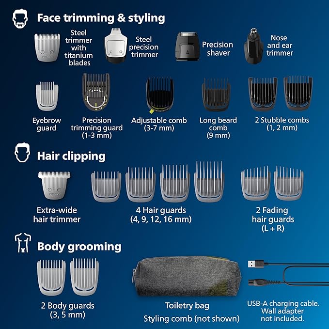 Norelco Philips All-in-One 7000 Series 23-Piece Trimmer - Electric Shaver and Clipper for Face, Beard, Head & Body, Self-Sharpening Titanium Blades, 26 Length Settings (0.5-16 mm), MG7970/49
