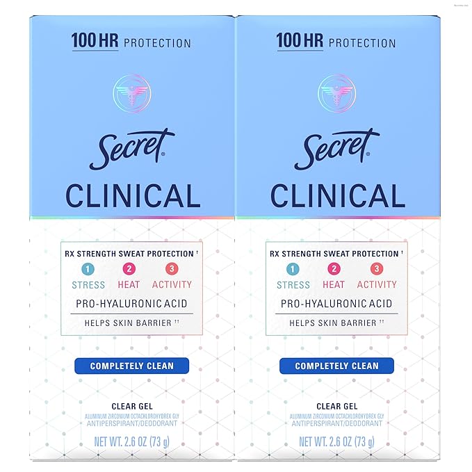 Secret Clinical Strength Antiperspirant Deodorant for Women, 100hr Sweat & Odor Protection, 3X Stress Protection with Hyaluronic Acid, Clear Gel, Completely Clean Scent, 2.6 oz (Pack of 2)