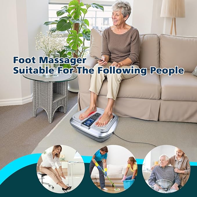 EMS Foot Massager with Heat,TENS Electronic Muscle Circulation Stimulator with 4 Electrode Pads for Neuropathy,Relieves Swelling, Fatigue, Plantar Fasciitis-Silent Operation (Silver) (Silver)