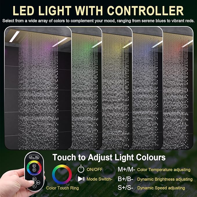HOMEDEC 14x20" Luxury LED Shower Head with Lights, 3 Functions Rainfall Waterfall Mist, High-Pressure Ceiling Mount Showerhead, Brushed Gold