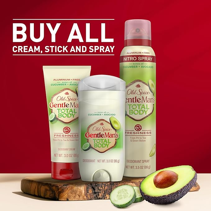 Old Spice Whole Body Deodorant Cream for Men, Aluminum Free, Cucumber + Avocado Scent, 24/7 Odor Protection, 24/7 Lasting Freshness, Dermatologist Tested, Gentle on Skin, Safe to Use All Over, 3.0 oz