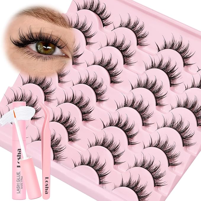 Losha Lashes Spiky Manga Lashes 14 Pairs Asian Anime Eye Lashes Kit with Lash Glue and Lash Tweezers Wet Look Wispy False Eyelashes (Spiky)
