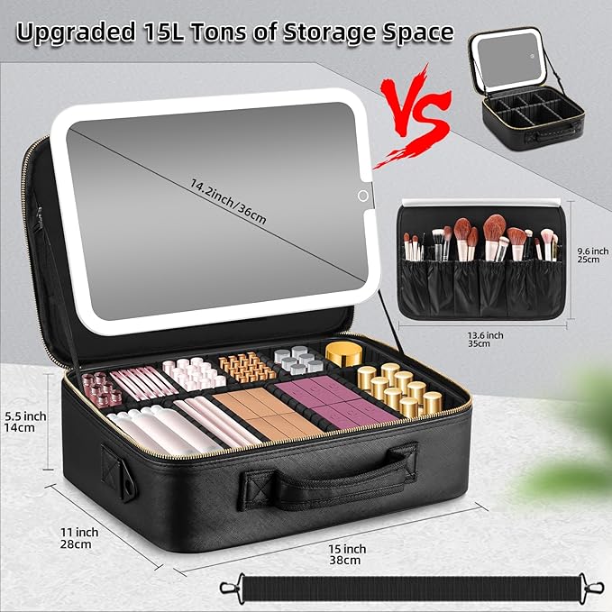Suupvaor 15''X11'' Large Makeup Bag with Removable Lighted Mirror, Professional Travel Makeup Train Case PU Leather Cosmetic Make up Organizer with Adjustable Dividers & Brush Storage Board