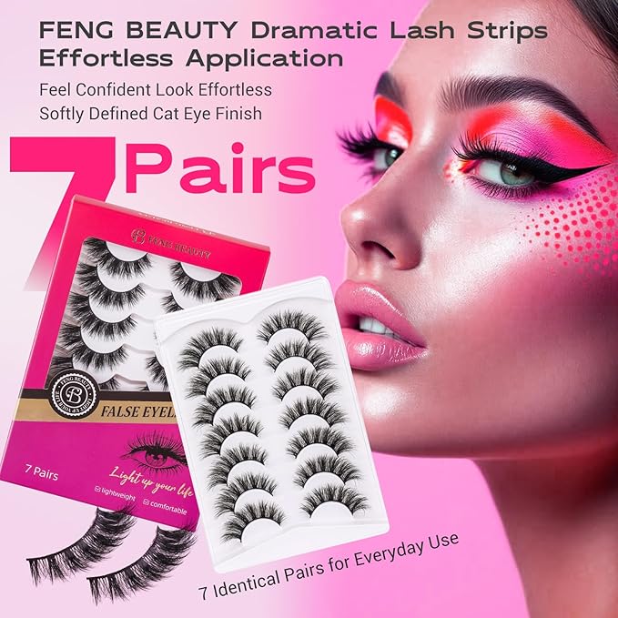 Cat Eye False Eyelashes Wispy Fluffy Volume Dramatic Strip Lashes Lightweight Natural Look Easy to Apply Reusable Faux Mink Eyelashes for Daily and Glam Makeup 7 Pairs