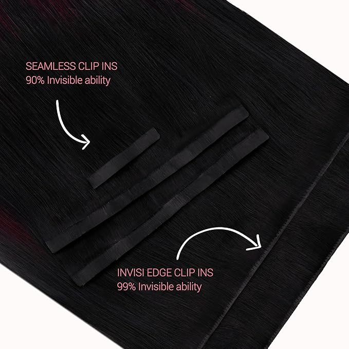 GOO GOO Invisi Edge Clip in Hair Extensions 16inch 120g 7Pcs Injected Seamless PU Clip in Hair Extensions, Virgin Real Human Hair, 1/99J Balayage Jet Black to Red