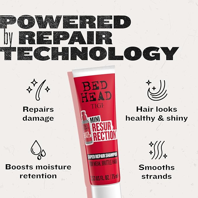 Bed Head by TIGI Resurrection Super Repair Shampoo Travel Mini – Repairing shampoo for dry, brittle and damaged hair with added moisture and nourishment, 2.53 fl oz
