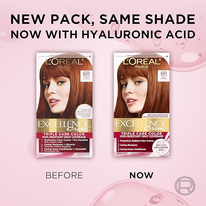 L'Oreal Paris Excellence Crème Permanent Hair Dye, Triple Care Hair Color with Hyaluronic Acid for 100% Gray Coverage, 6R Light Auburn, 1 Kit (Packaging May Vary)
