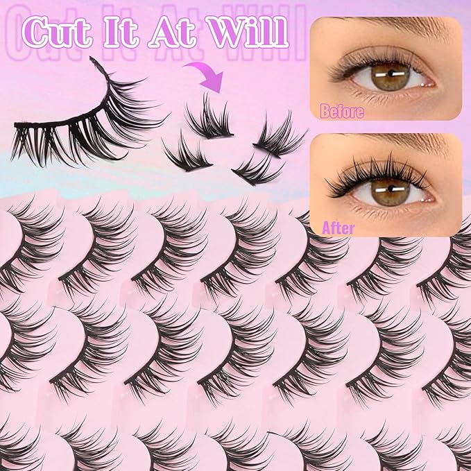 Losha Lashes Spiky Manga Lashes 14 Pairs Anime False Eyelashes Natural Asian Lashes Strips that Look Like Lash Extensions Soft Wispy Fake Eyelashes (Cutey)