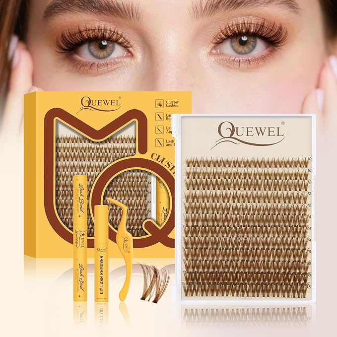 QUEWEL Brown Lash Clusters Kit, 144pcs Wispy-Lash-Clusters Kit Mix10-18mm Wispy Natural Invisible Band Eyelash Clusters Kit for DIY Cluster Eyelash Extensions(Brown Gem 4 Set)