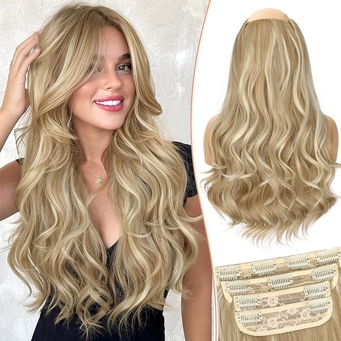 Kookastyle Clip in Hair Extensions, Natural Long Layered Soft Invisible Synthetic Curly Hairpieces for Women,4 pcs(20 Inch,Beach Blonde)