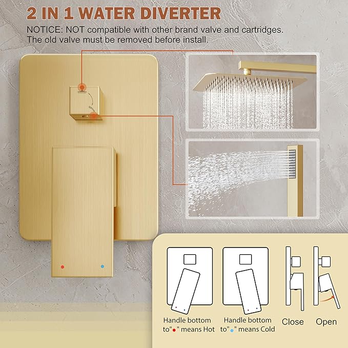 HoliSpa Gold Shower System, Shower Faucet Set with 10-Inch Rain Showerhead and Handheld Spray, Wall Mounted High-Pressure Showerhead Combo Set Included Valve and Trim, Brushed Gold