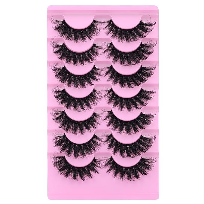 JIMIRE Faux Mink Lashes Fluffy Volume False Eyelashes Pack Dramatic Natural Look Wispy Cat Eye 18MM Fake Lashes 7 Pairs
