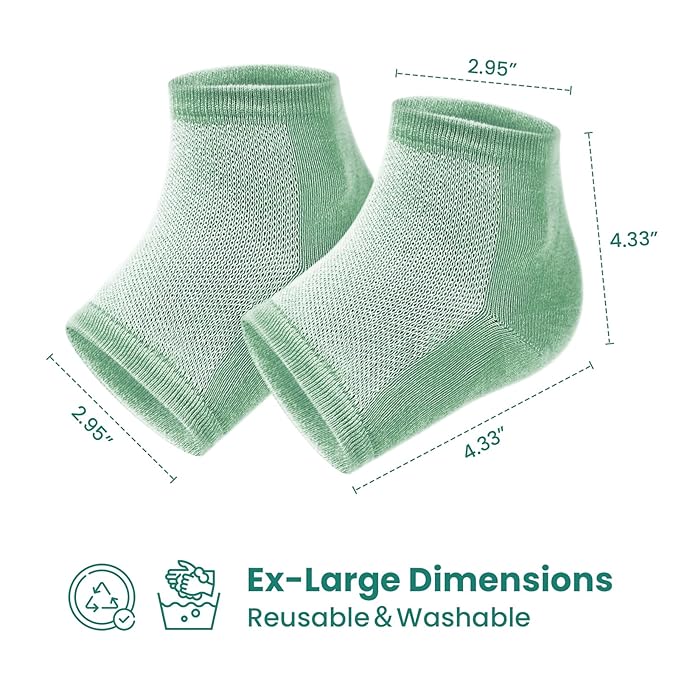 Welnove Moisturizing Heel Socks - 2 Pairs Aloe Vera Extract Infused Gel Lining for Dry Feet - Cracked Heel Repair Treatment - Cotton Socks for Women Men Foot Care (Green, Extra Large)