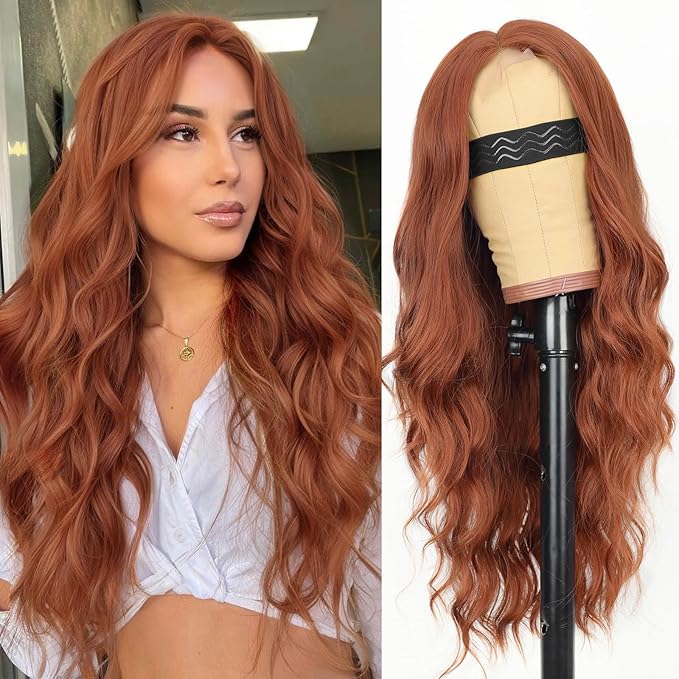 AISI HAIR Ginger Wig for Women, Long Wavy Lace Hairline Middle Part Synthetic Heat Resistant Wig for Daily Party-26 Inch