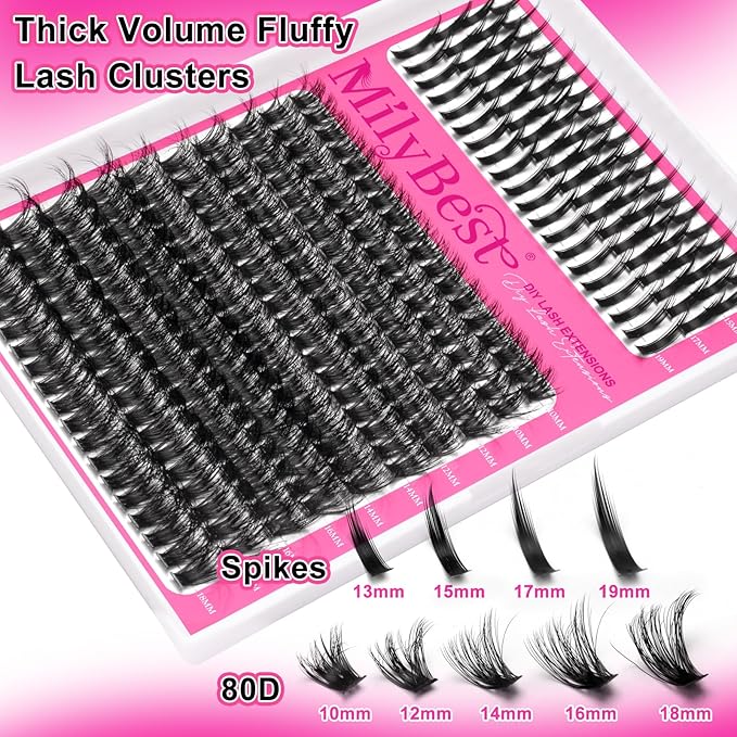 Manga Lash Clusters Kit 80D Eyelash Clusters with DIY Spikes 13-19MM Spiky Volume Cluster Eyelash Extensions Wispy Individual Lash Extensions Kit Anime Lashes Cluster Bond & Seal Tweezer by MilyBest