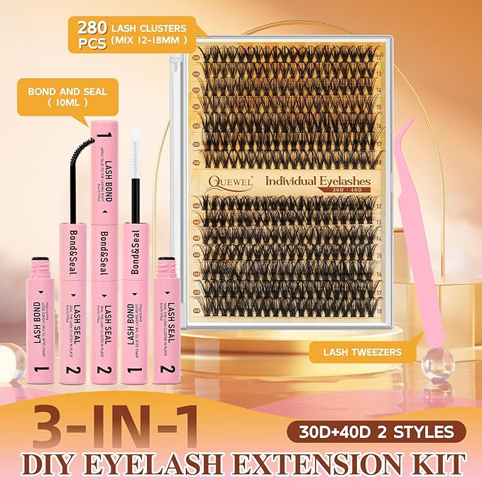 QUEWEL Lash Clusters Kit, 280 Pcs Lash Clusters 30D 40D 12-18mm Thin Band Lashes Clusters Natural Look Eyelash Extension Kit With Lashes Bond Seal Eyelashes Tweezers (LSTZ-30D+40D)