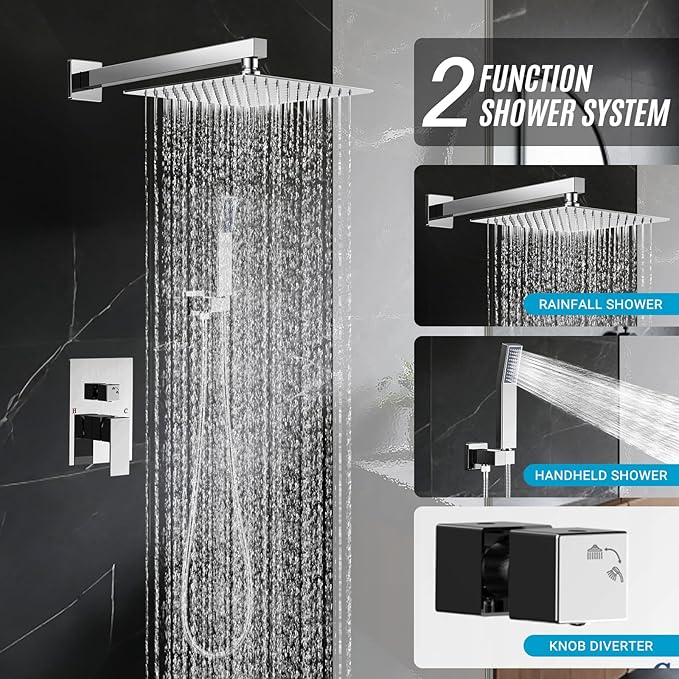 IUERASD Shower Faucet set with Shower head, Wall Mount 10 Inch Square Rainfall Shower Head and Handle Set Single Handle Shower System Set with Female Threads Valve Body and Trim Included (Chrome)