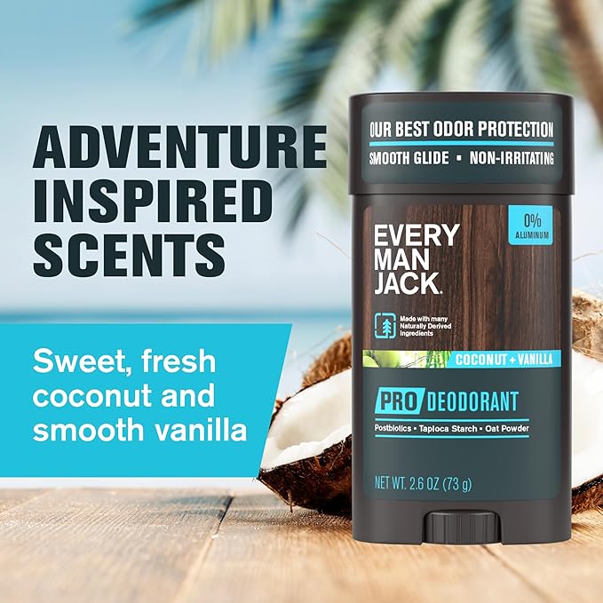 Every Man Jack Men's Pro Deodorant - 48-Hour Odor Defense Blend - Aluminum Free - Contains Postbiotics, Tapioca Starch & Oat Powder - Coconut + Vanilla Scent - 2.6 oz - 1 Pack