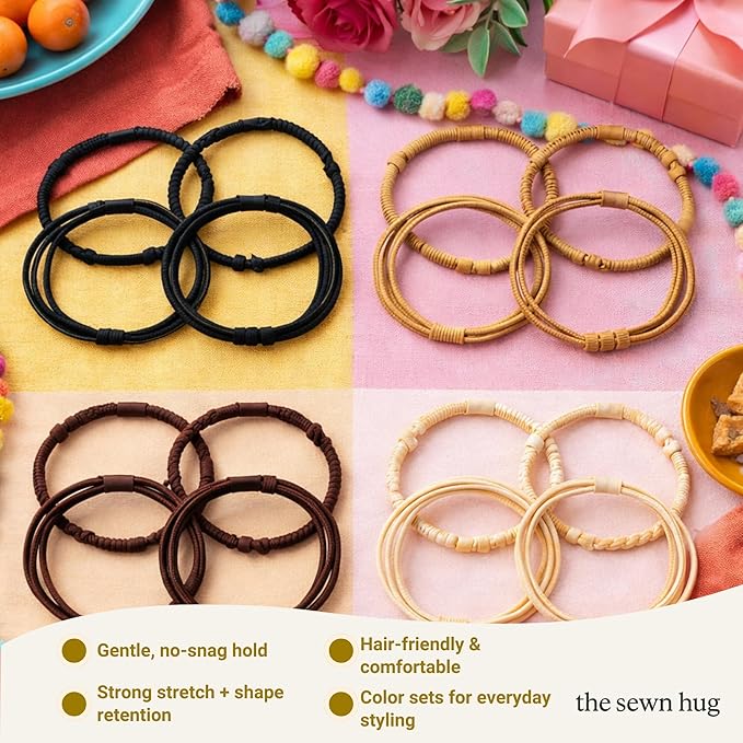 Boho Hair Ties, 20-Pack (4 Styles) Cute Elastic Bands for Thick or Thin Hair, No-Damage Stretch Bracelets, Brown Hair Accessories for Women & Girls (Sun-Kissed Carnival)