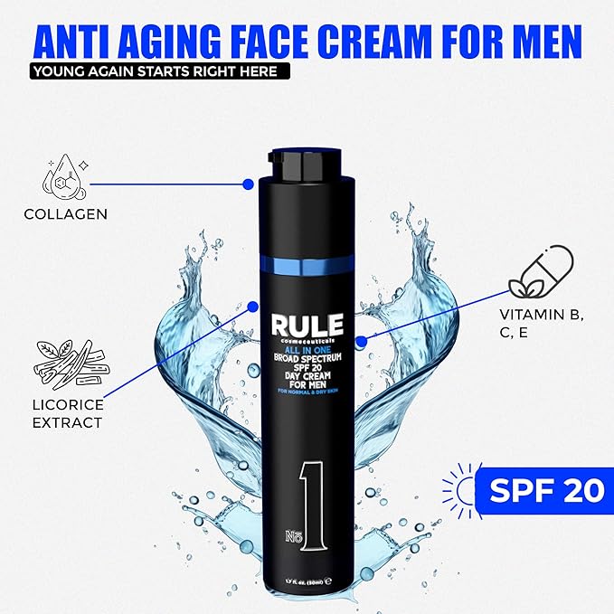 RULE COSMECEUTICALS No.1 Day Cream for Men, 10-in-1 Anti-Aging Face Moisturizer to Reduce Wrinkles & Dryness, SPF 20, Collagen, Vitamins B, C & E - Normal & Dry Skin - Original, 50 mL
