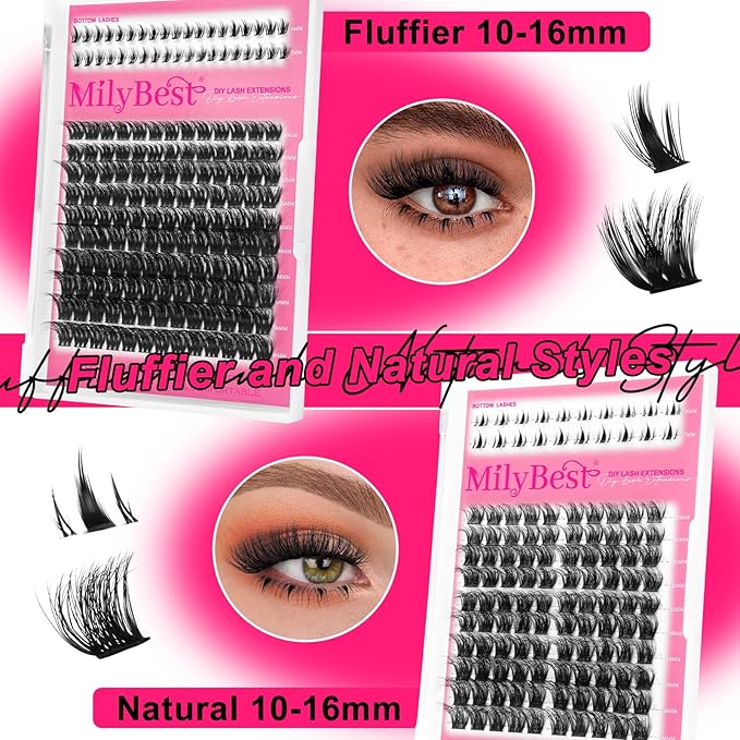 MilyBest Lash Clusters Kit 808Pcs Fluffy Eyelash Clusters D Curl Bottom Lashes Clusters 4 Styles Lash Kit with Spikes DIY Individual Eyelashes Glue Wispy Cluster Eyelash Extensions Kit De Pestañas