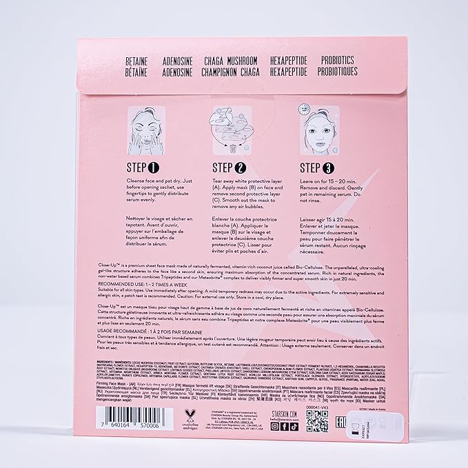 STARSKIN Close-Up 4x40g, Coconut Bio-Cellulose Firming Face Mask for all Skin Types, Face Lifting Korean Skincare Mask, Skin Elasticity Improvement and Rejuvenating Effect, K Beauty Skincare