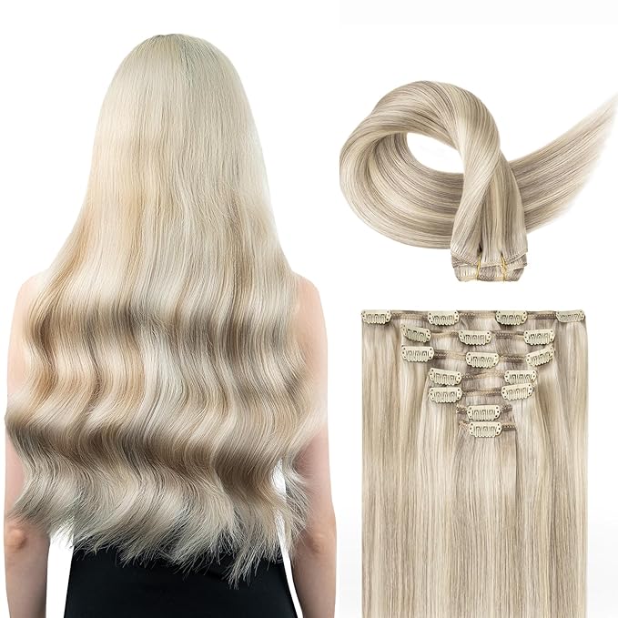 Clip in Hair Extensions Real Human Hair, Remy Hair Extensions Clip In Human Hair Thick and Silky, Ash Blonde Highlighted Platinum Blonde #P17A/60A 16Inch 120G 7PCS
